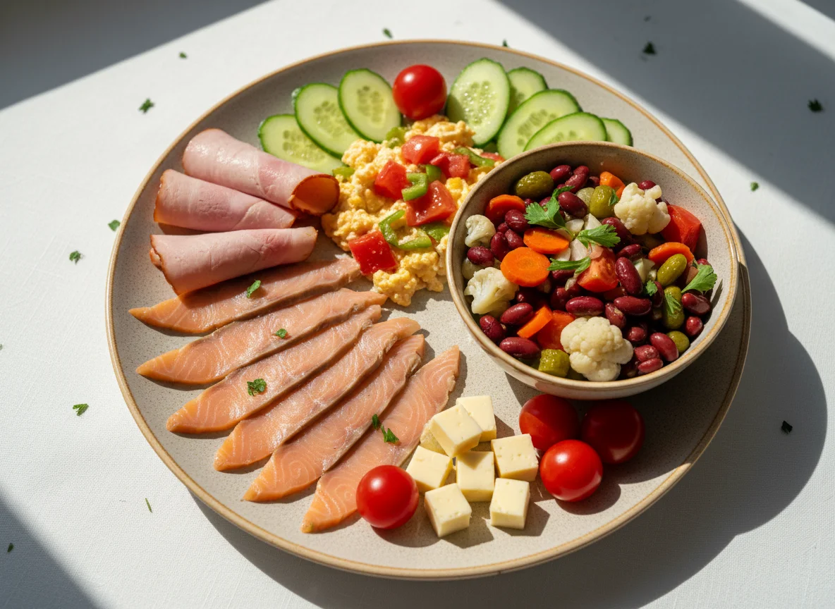 Завтрак с лососем, ветчиной и овощами photo