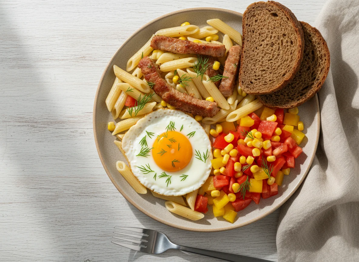 Завтрак с макаронами, яйцом и овощами photo