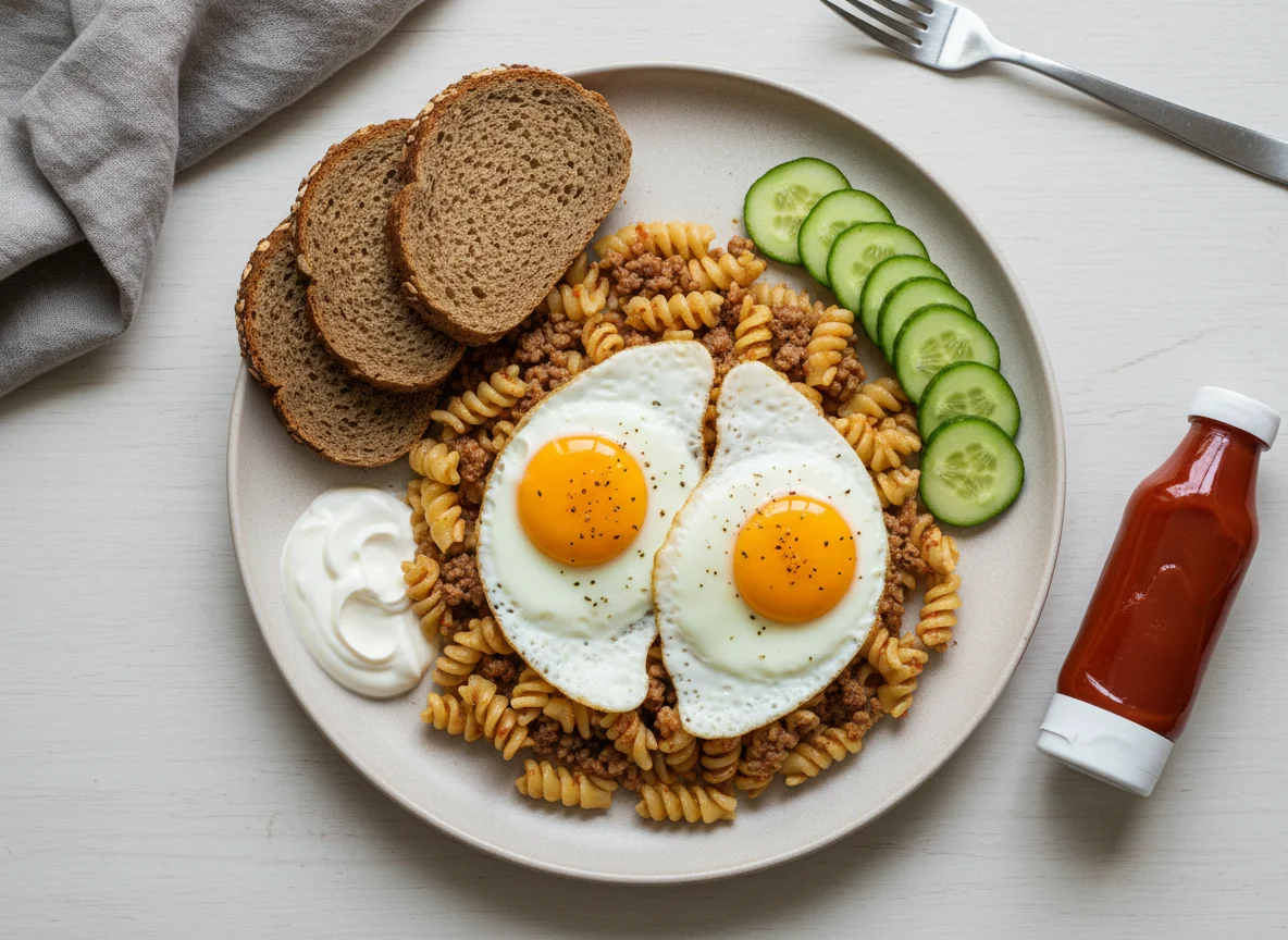 Завтрак с макаронами, мясом, яйцами и хлебом photo