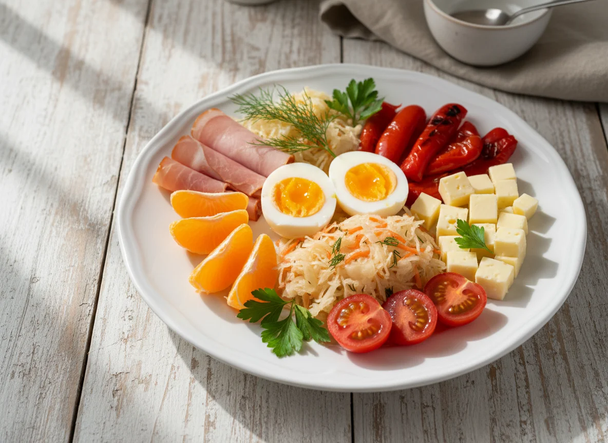 Завтрак с мандаринами, салатом и яйцом photo