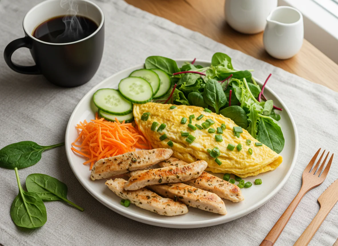 Завтрак с мясом, омлетом и овощами photo