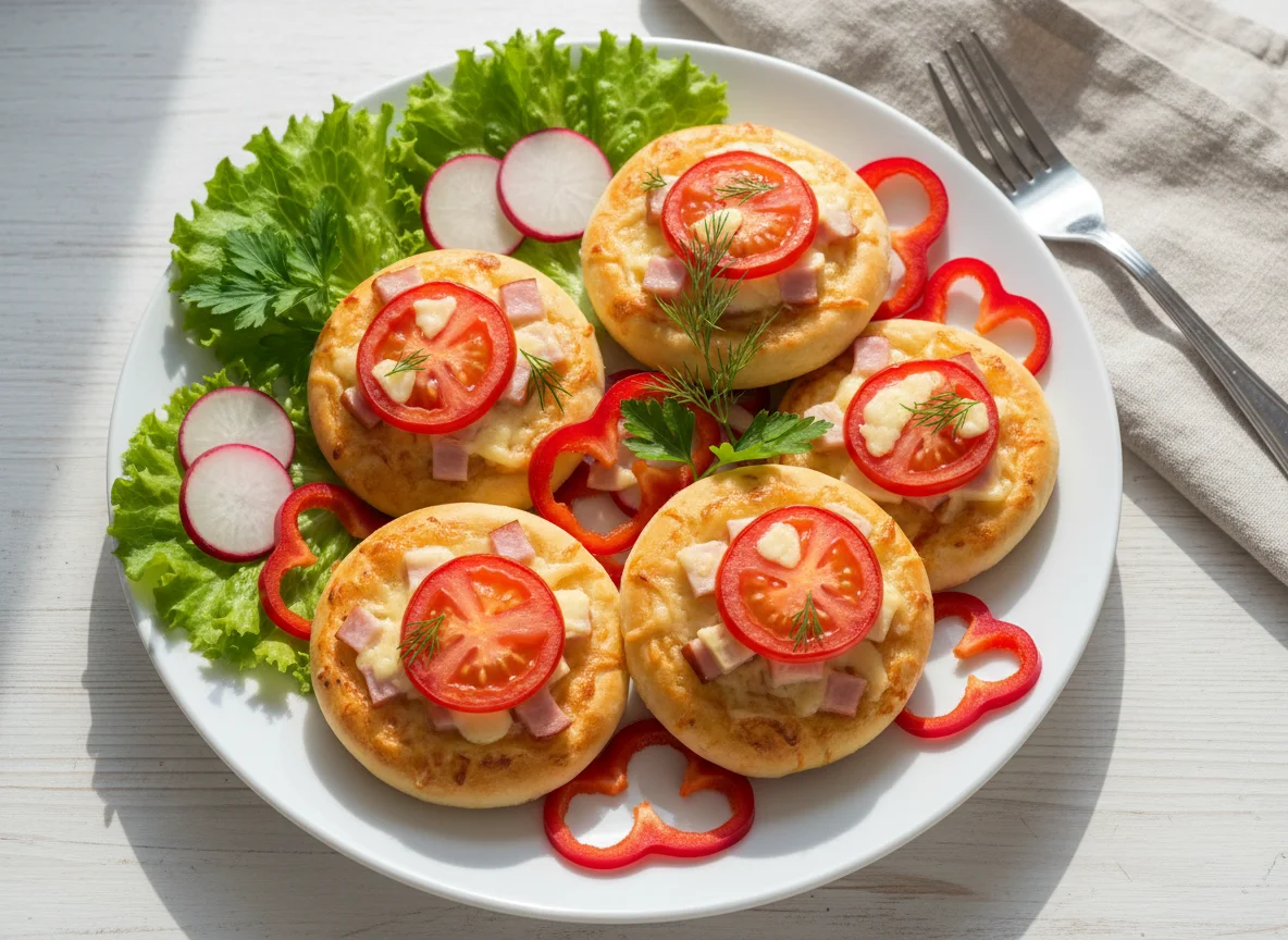 Завтрак с мини-пиццей и свежими овощами photo