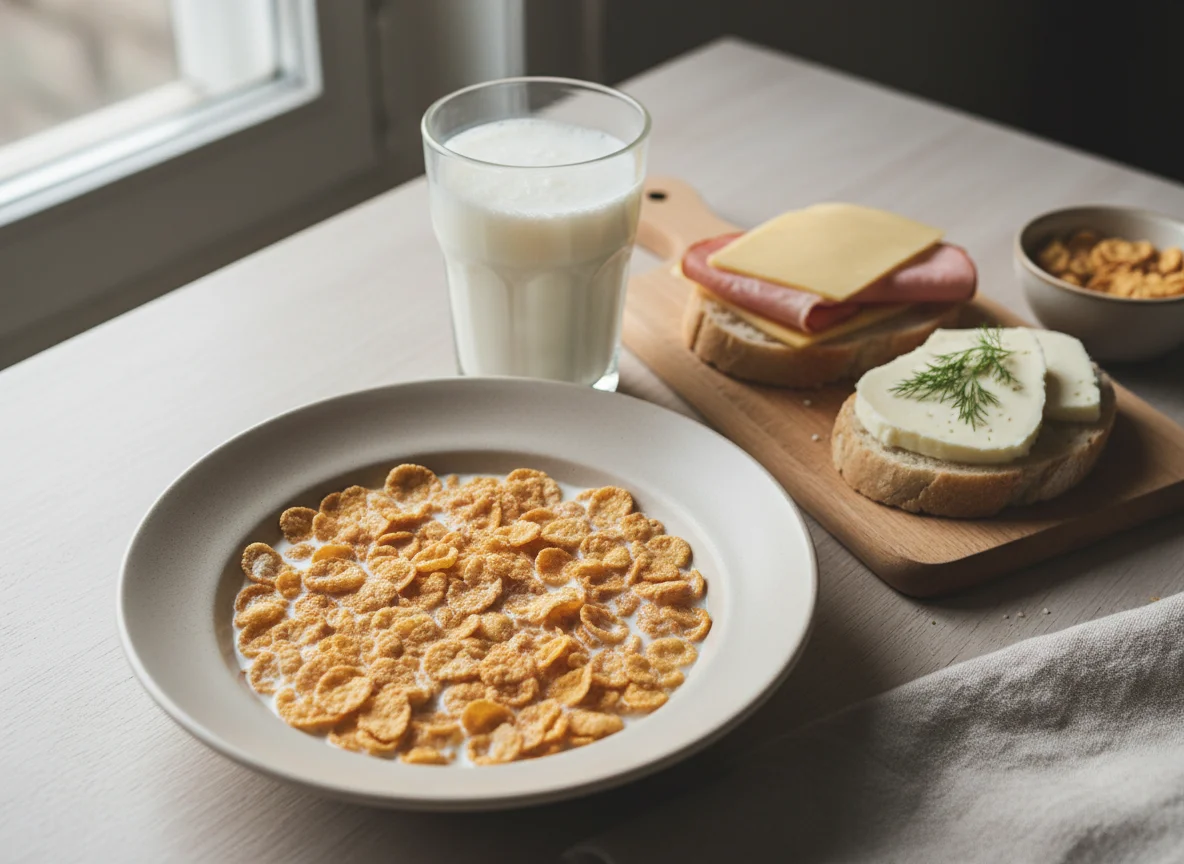 Завтрак с молоком и бутербродами photo