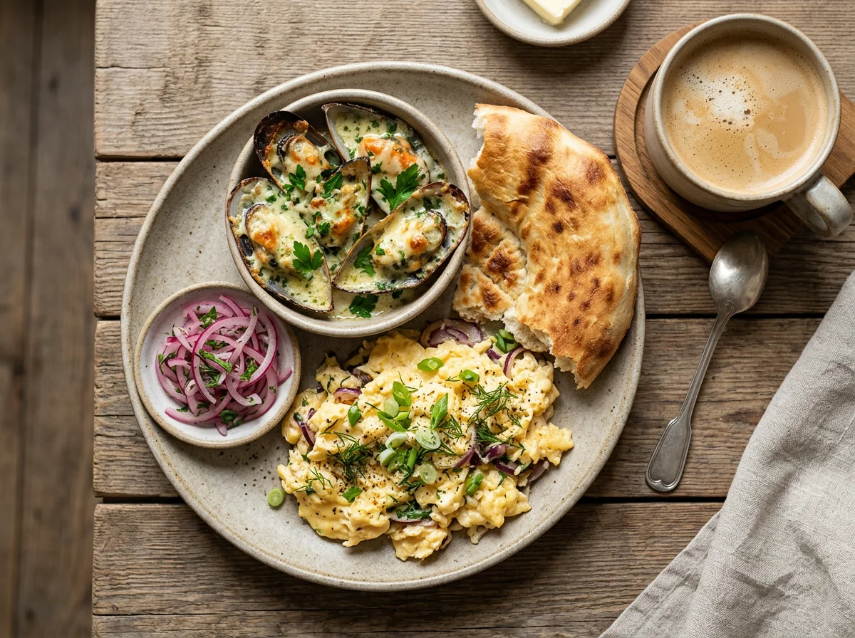 Завтрак с морепродуктами и яичницей photo