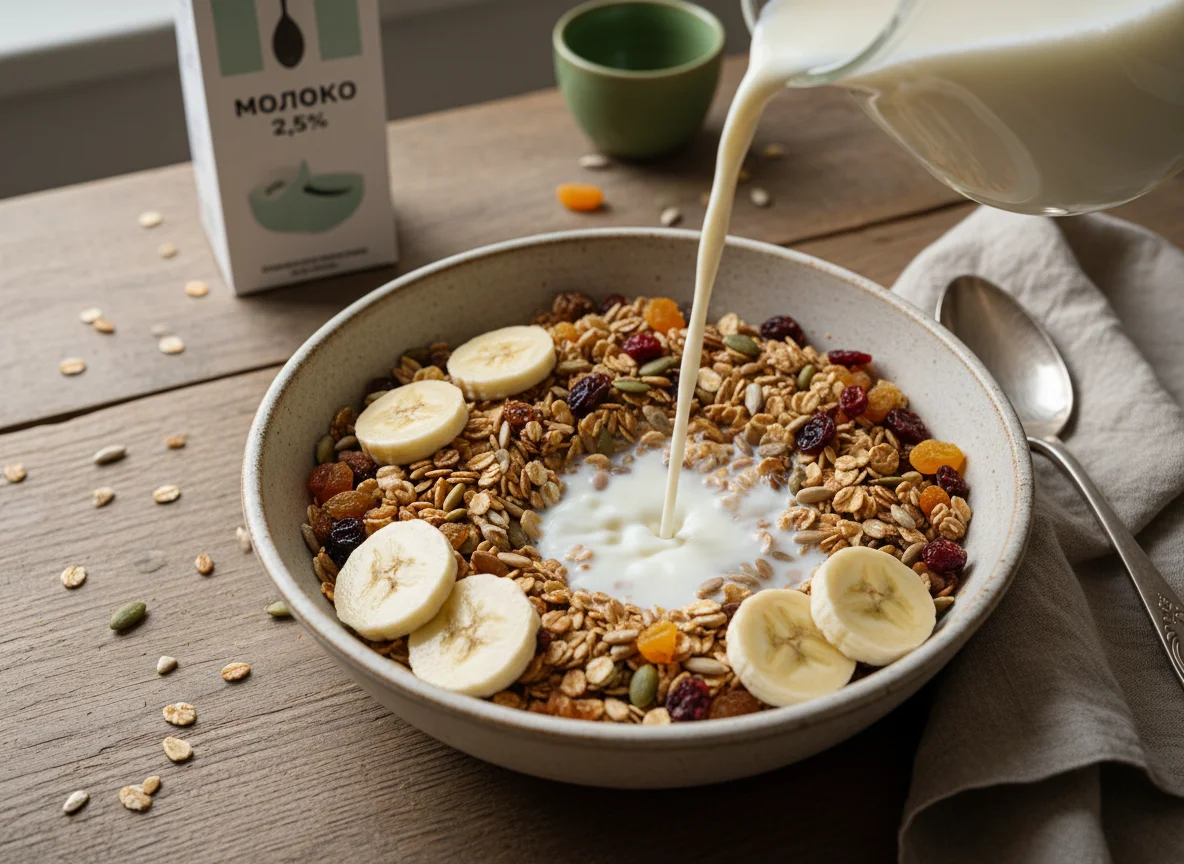 Завтрак с мюсли и молоком photo