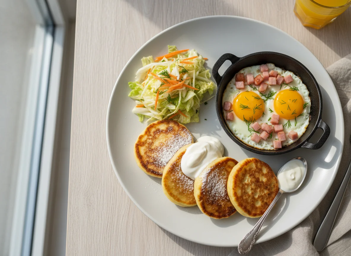 Завтрак с оладьями, яичницей и салатом photo