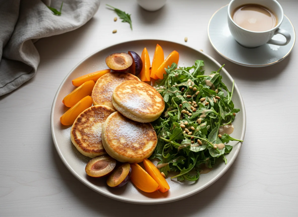 Завтрак с оладьями, фруктами и салатом photo