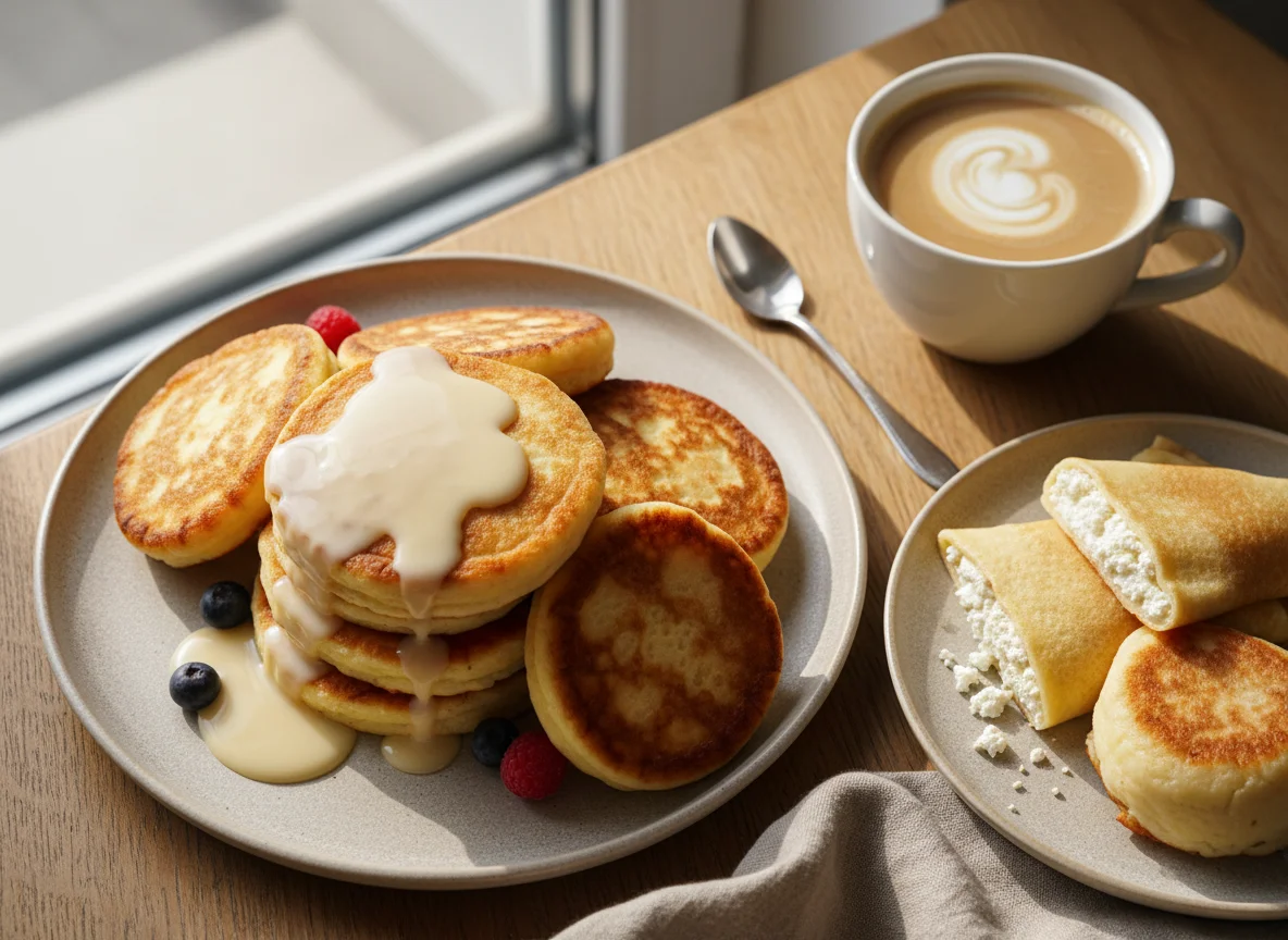 Завтрак с оладьями и кофе photo