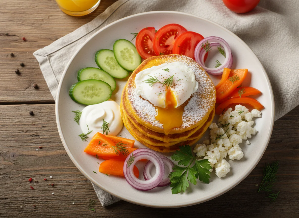 Завтрак с оладьями и овощами photo