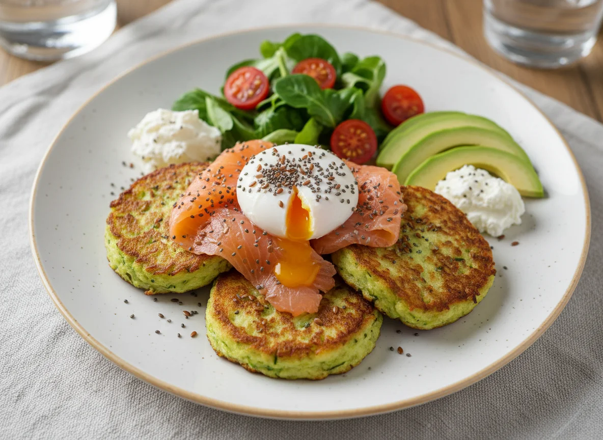 Завтрак с оладьями из цукини, лососем и яйцом пашот photo