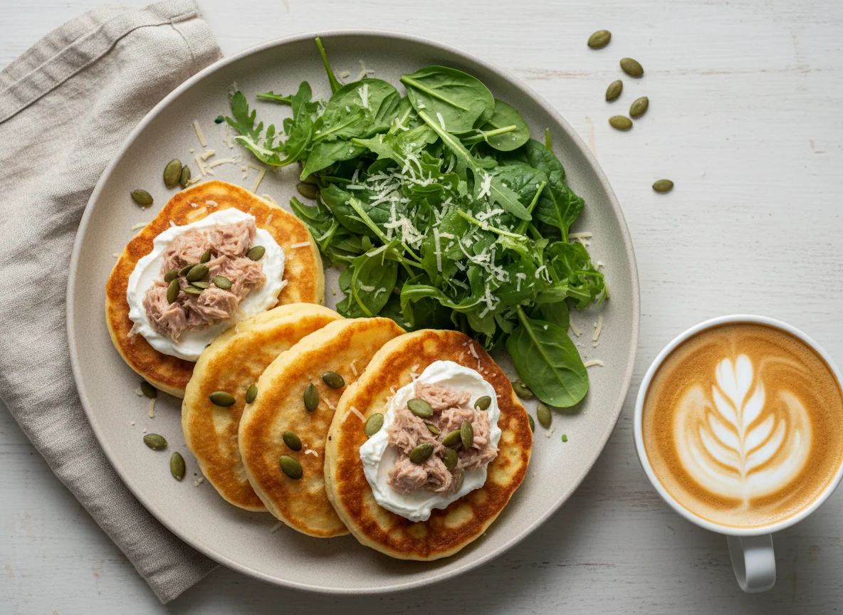 Завтрак с оладьями, тунцом и салатом photo