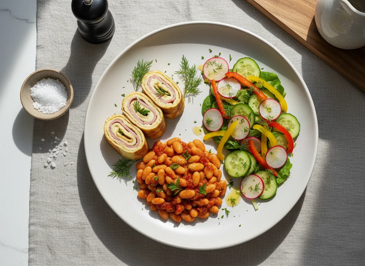 Завтрак с омлетными рулетами, салатом и фасолью photo