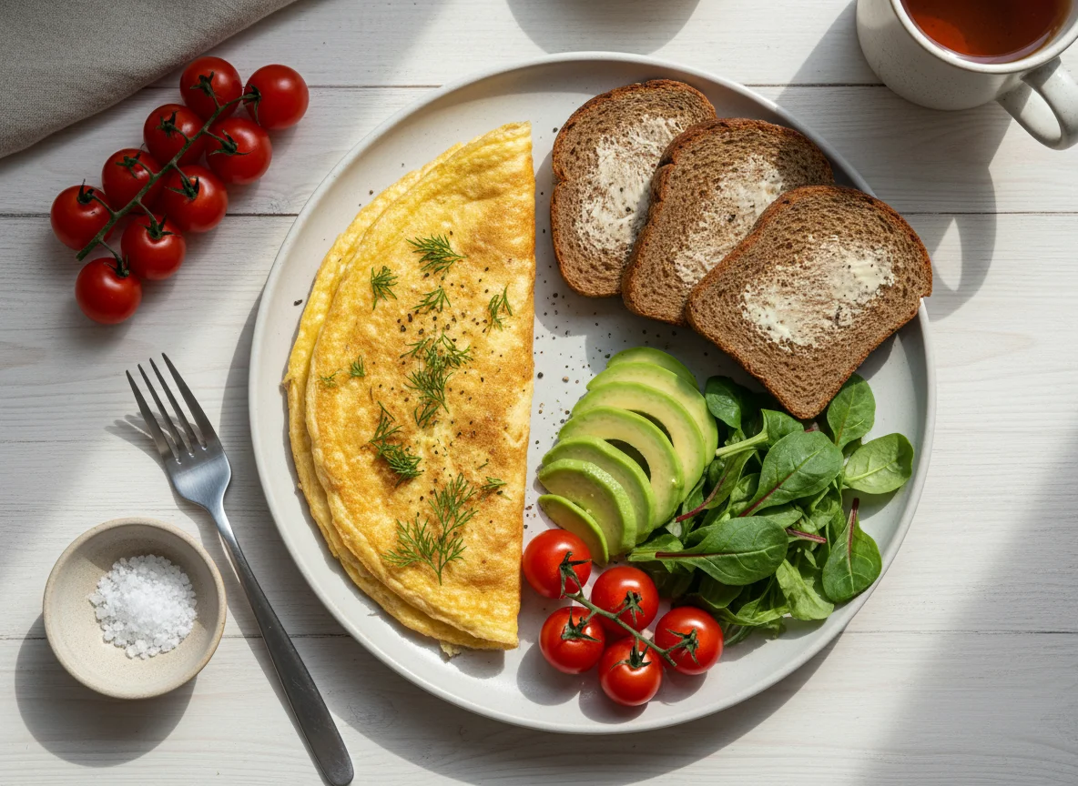 Завтрак с омлетом, авокадо и хлебом photo