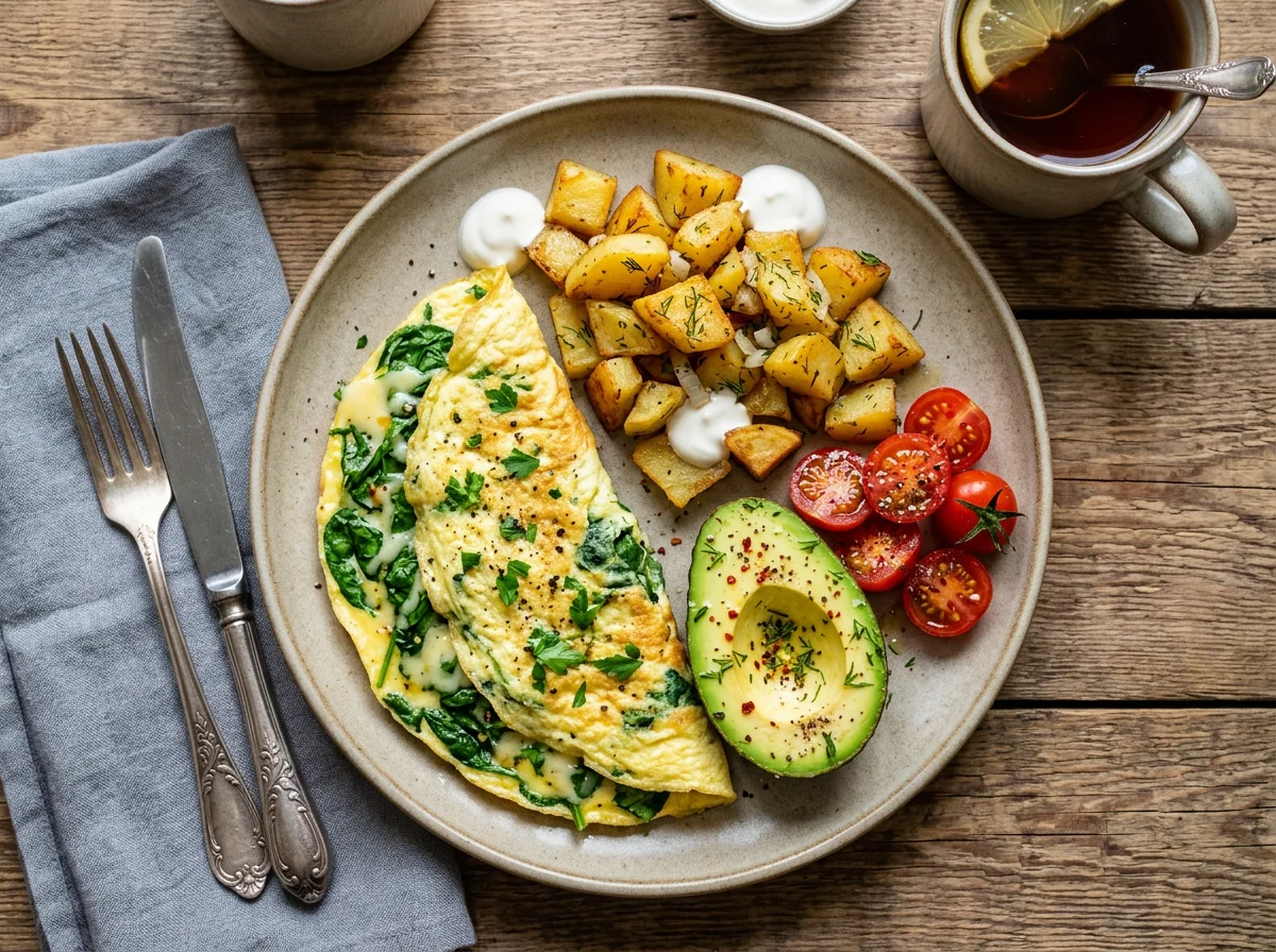Завтрак с омлетом, авокадо и картофелем photo