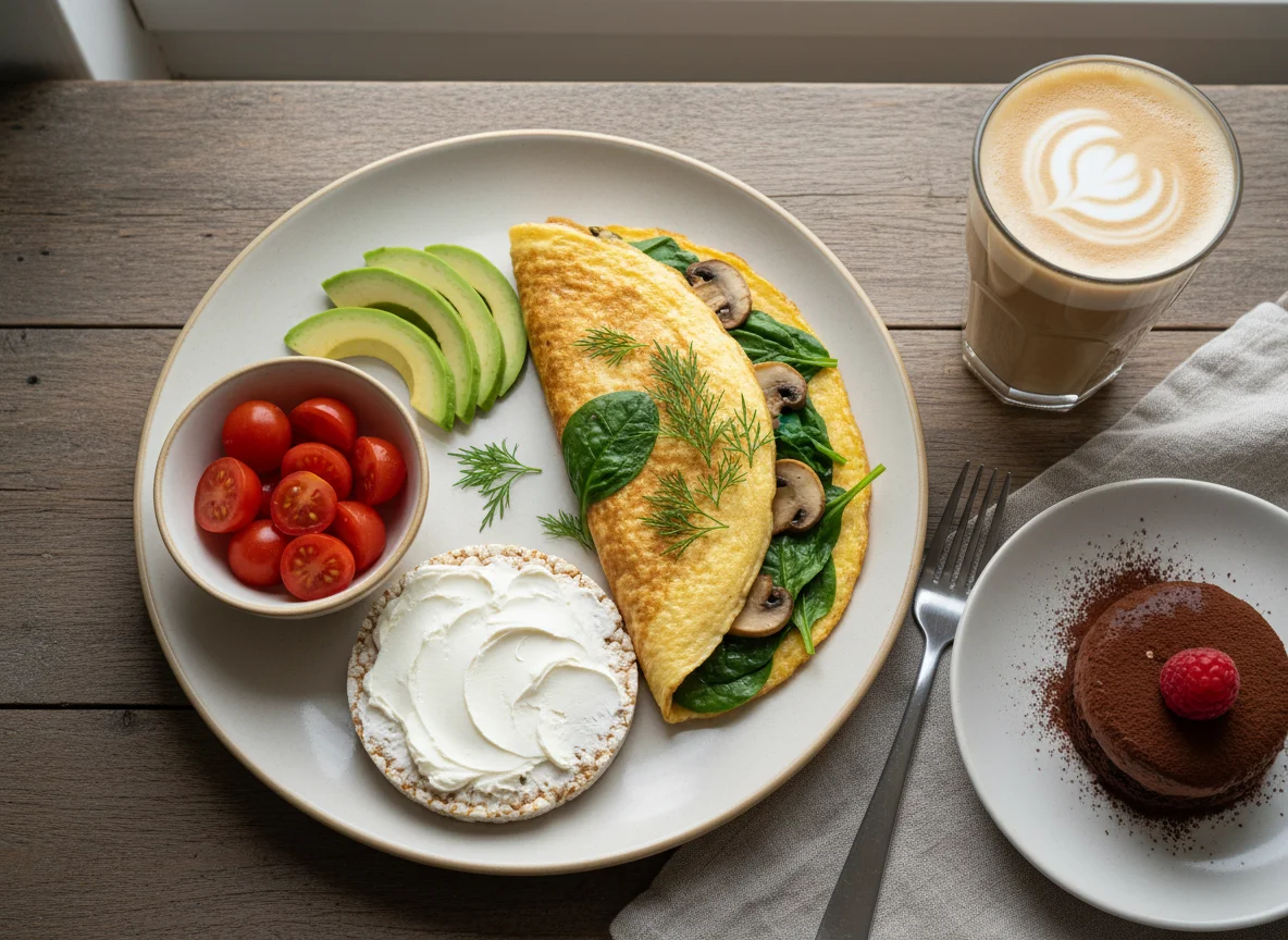 Завтрак с омлетом, авокадо и кофе photo