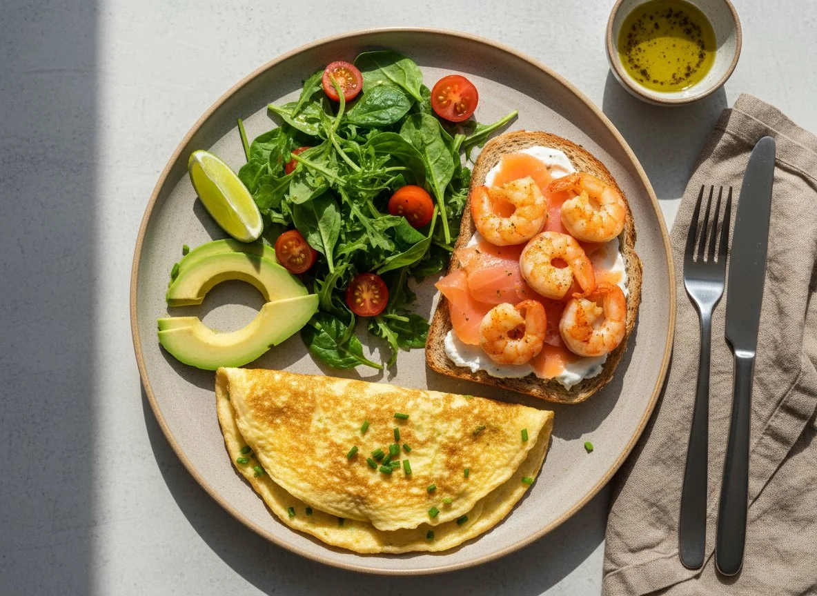 Завтрак с омлетом, авокадо и морепродуктами photo