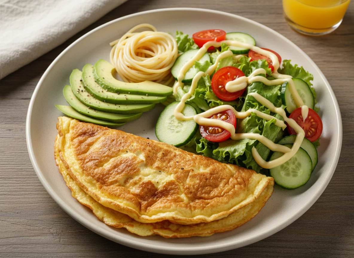 Завтрак с омлетом, авокадо и салатом photo