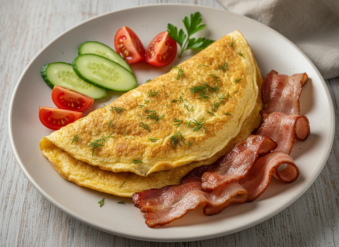 Завтрак с омлетом, беконом и овощами photo