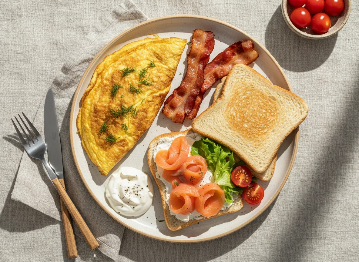 Завтрак с омлетом, беконом и тостами с лососем photo
