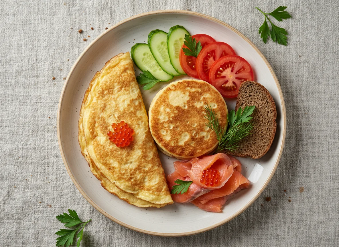 Завтрак с омлетом, блином и лососем photo