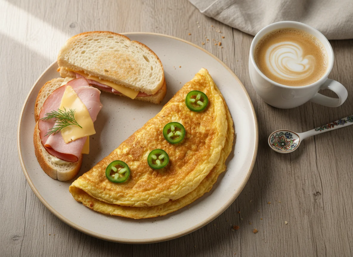 Завтрак с омлетом, бутербродом и кофе photo