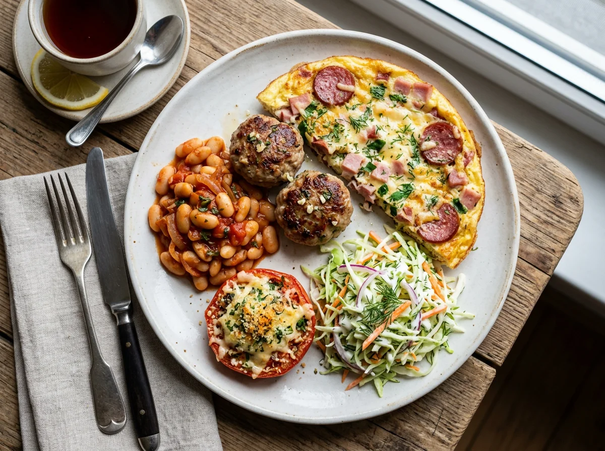 Завтрак с омлетом, фасолью и салатом photo