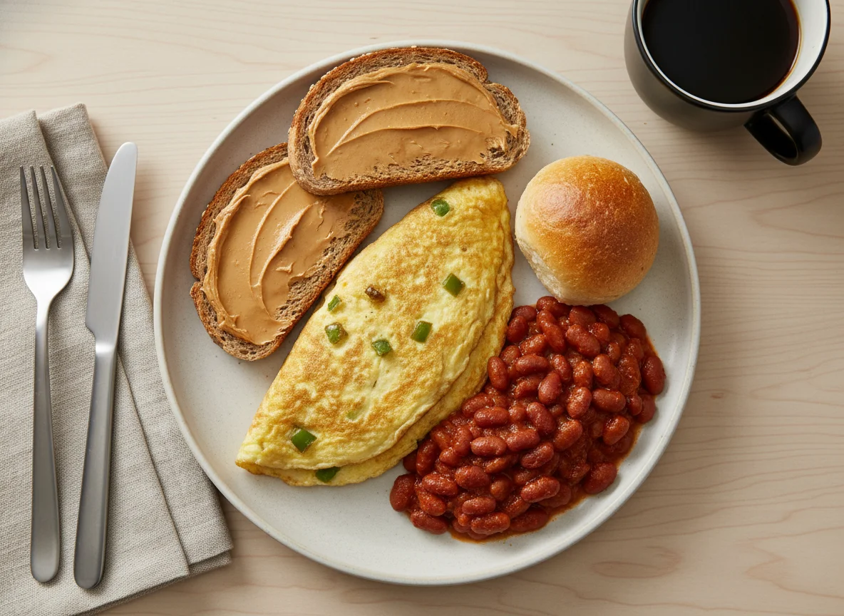 Завтрак с омлетом, фасолью и тостами photo