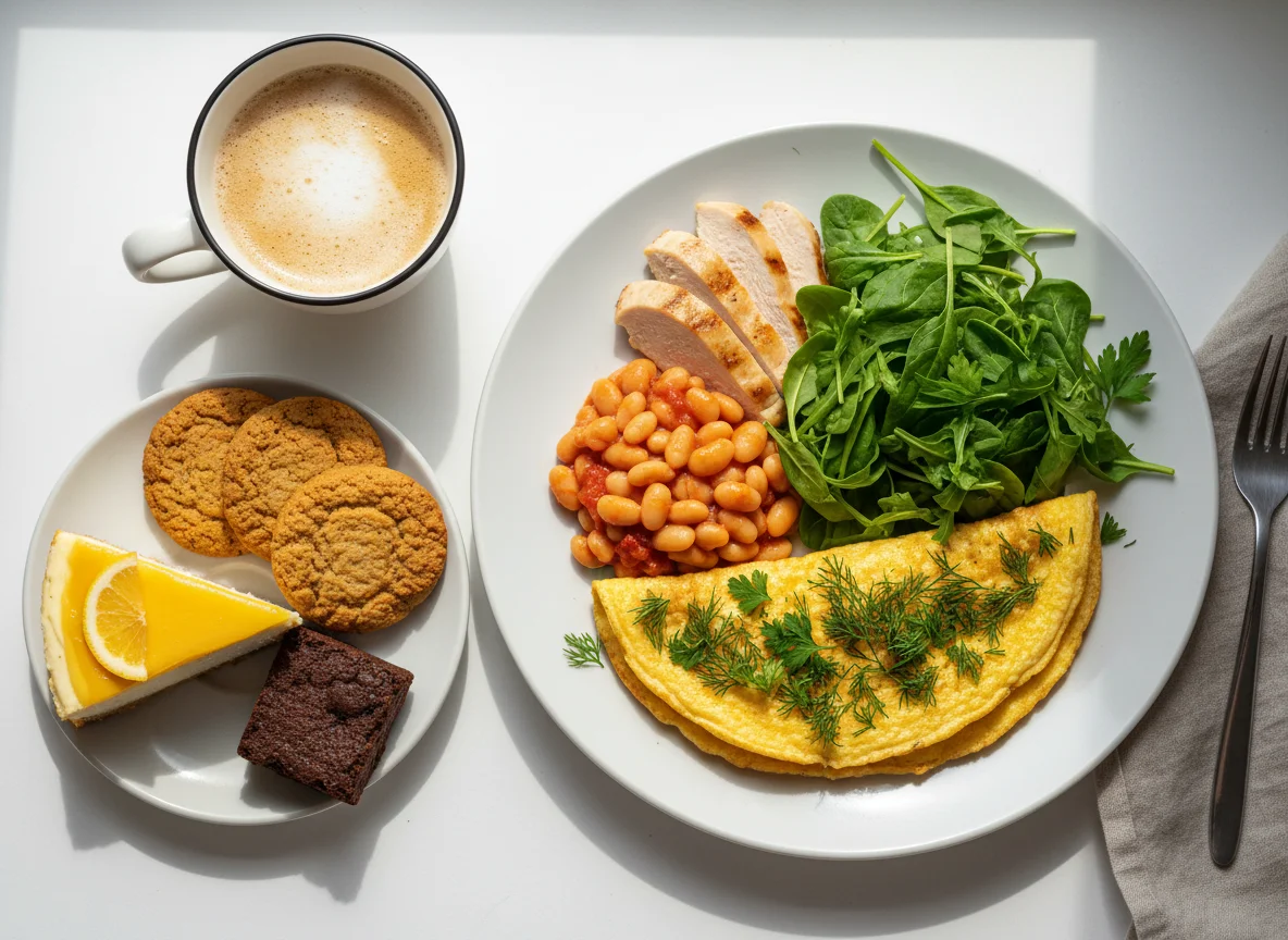 Завтрак с омлетом, фасолью, салатом и десертами photo