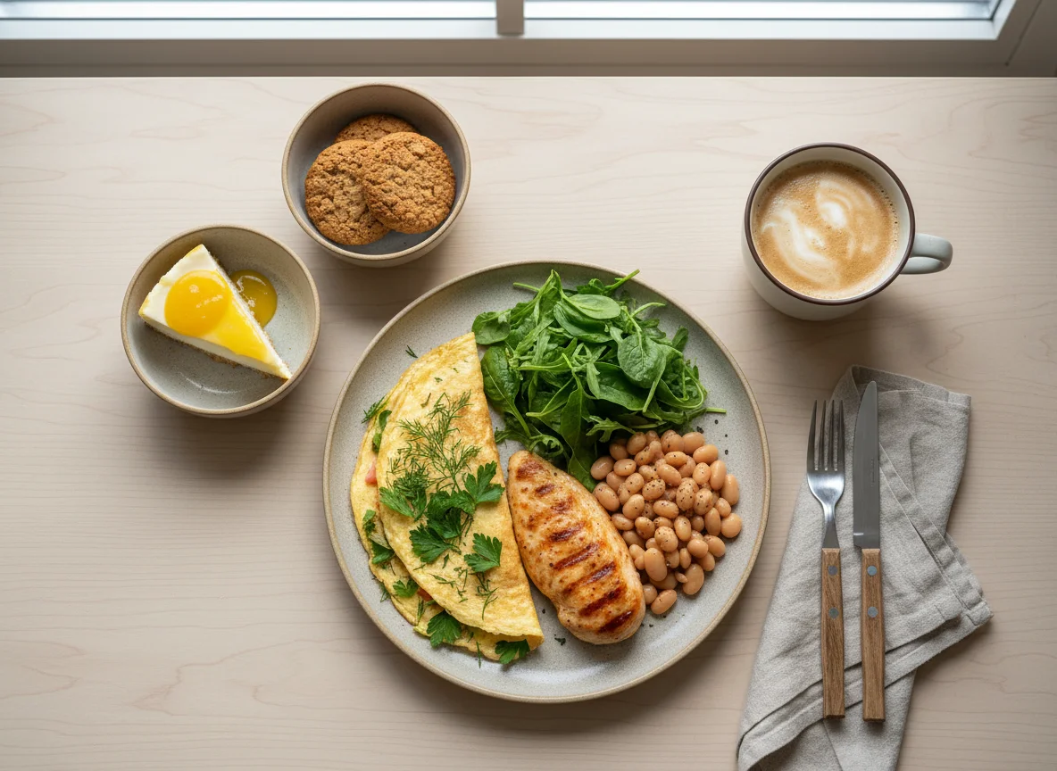 Завтрак с омлетом, фасолью, салатом и десертом photo