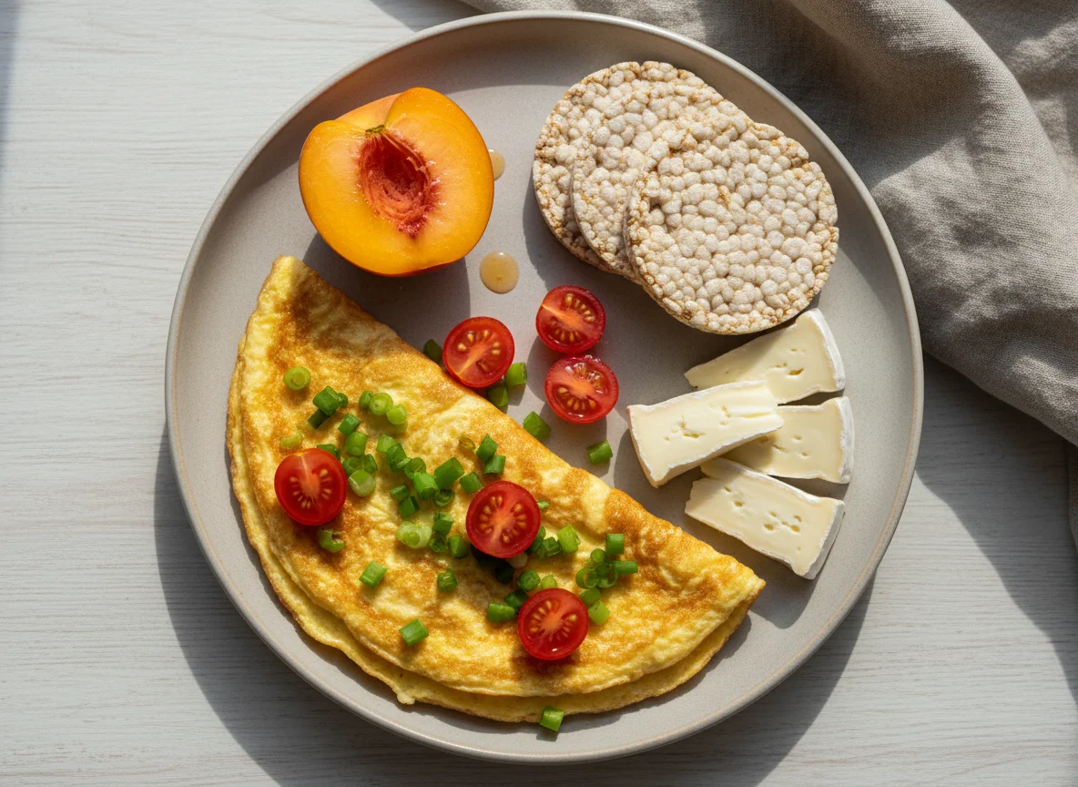 Завтрак с омлетом, фруктами и сыром photo