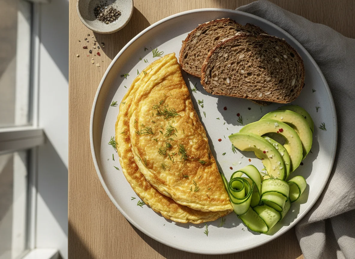 Завтрак с омлетом, хлебом и авокадо photo