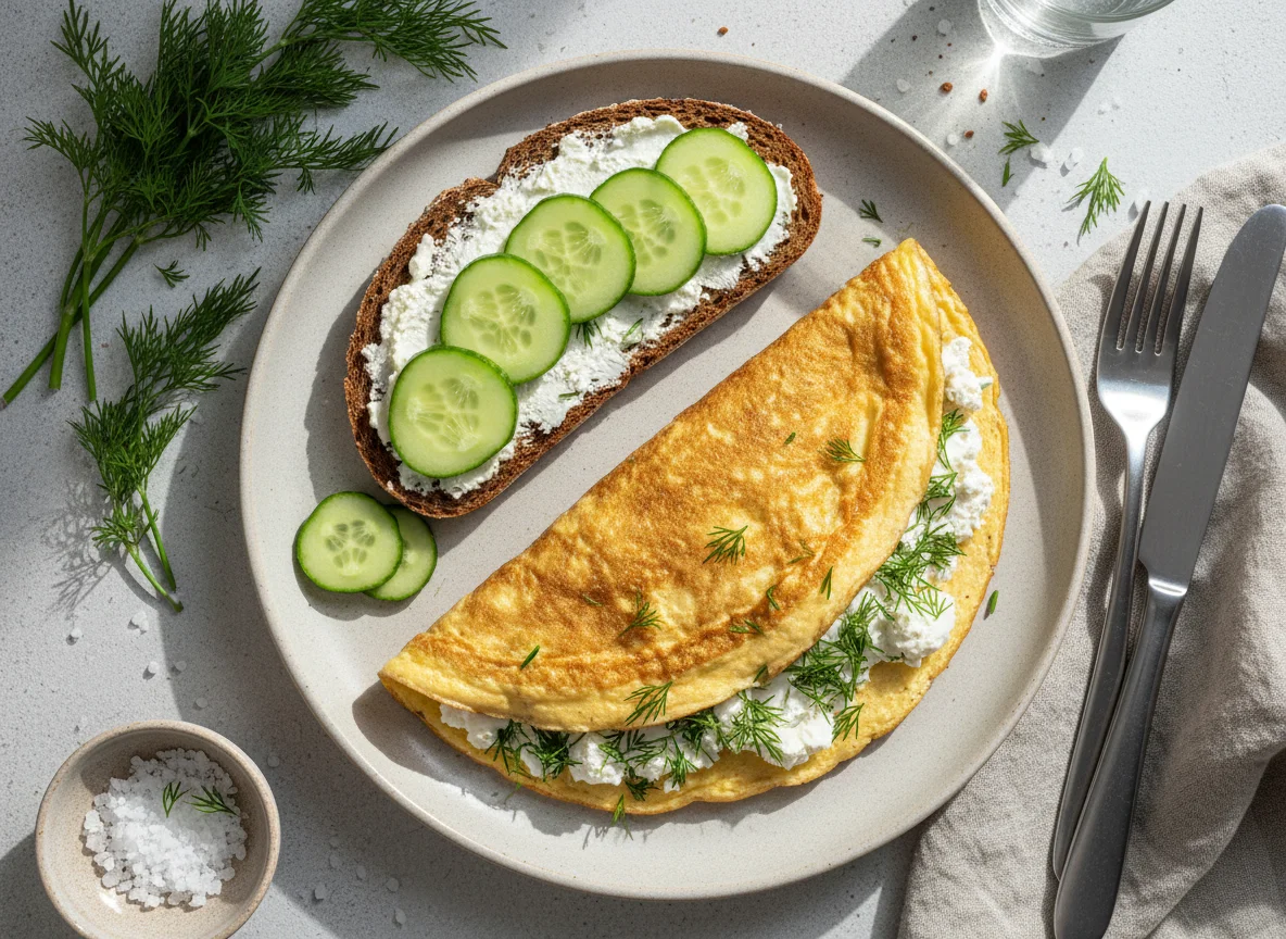 Завтрак с омлетом, хлебом и огурцами photo