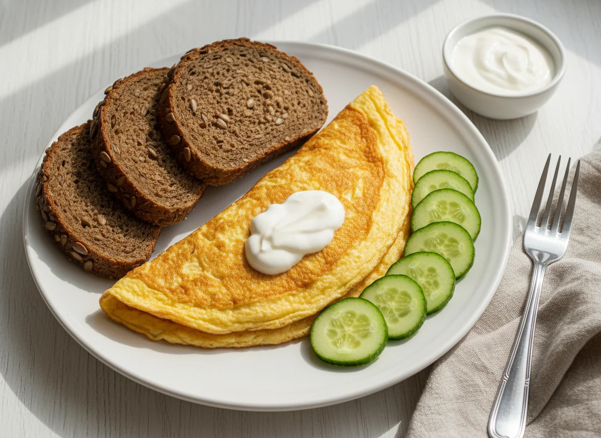 Завтрак с омлетом, хлебом и овощами photo