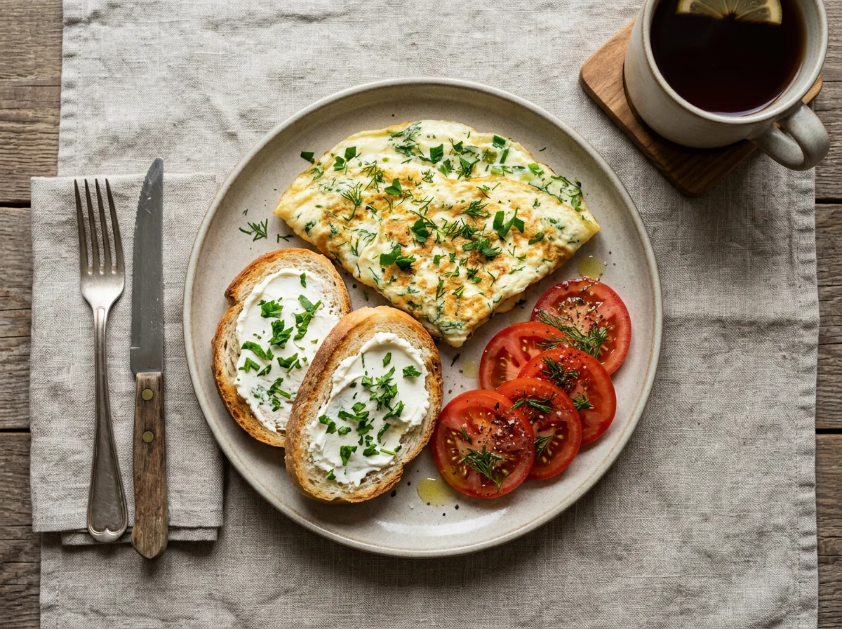 Завтрак с омлетом, хлебом и помидорами photo