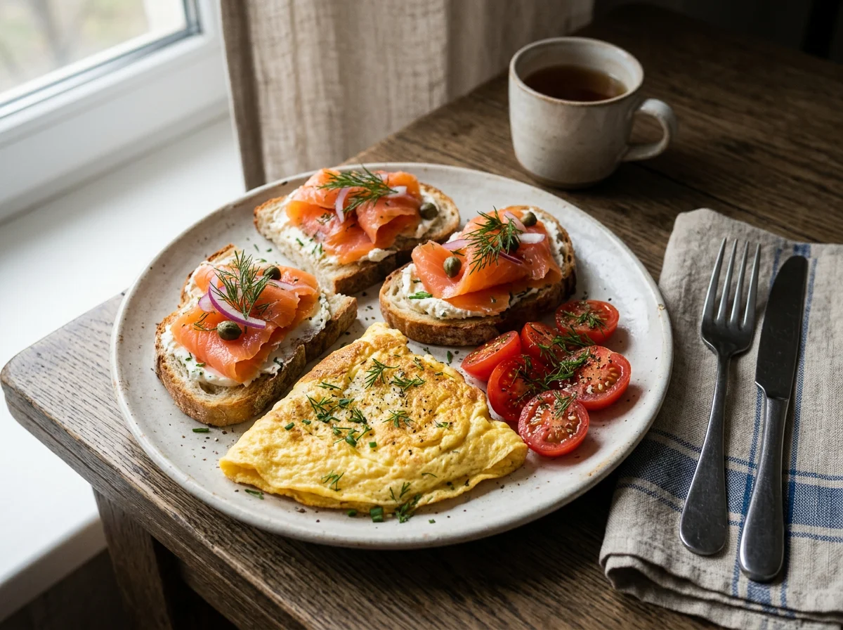Завтрак с омлетом и бутербродами с лососем photo