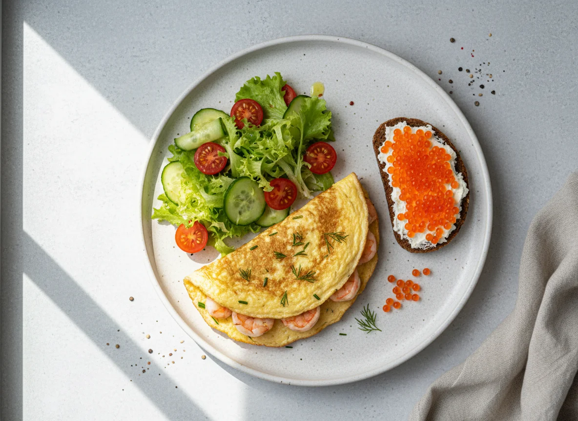 Завтрак с омлетом и бутербродом с икрой photo
