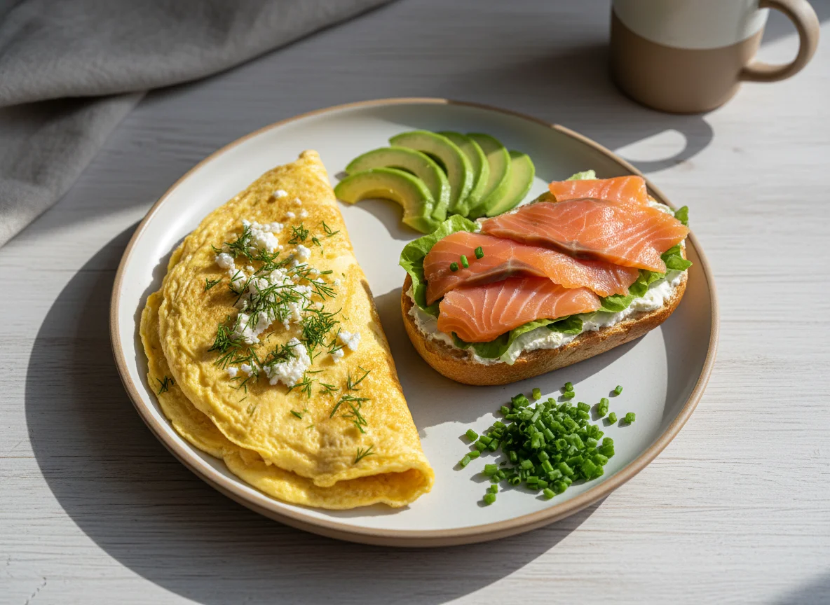 Завтрак с омлетом и бутербродом с лососем photo