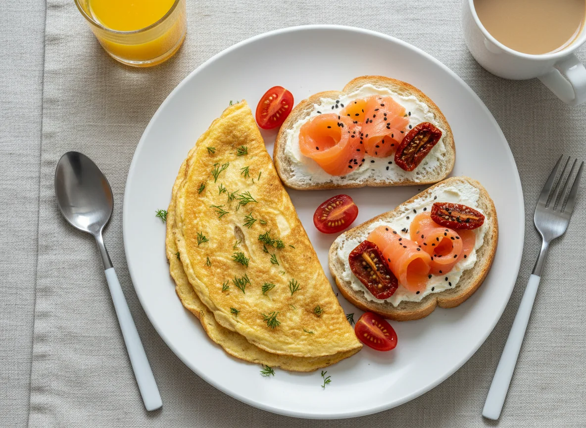 Завтрак с омлетом и бутербродом photo