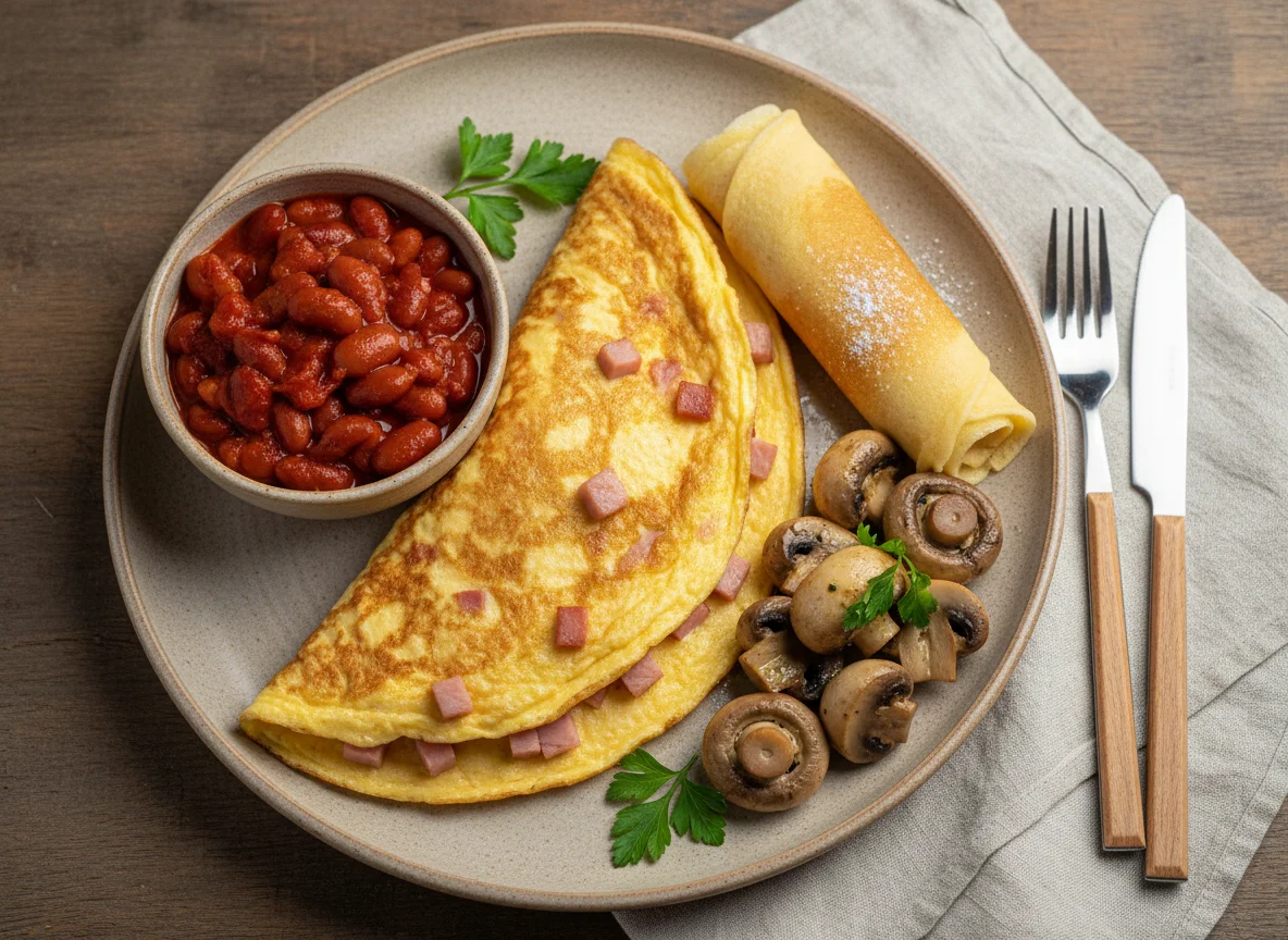 Завтрак с омлетом и гарниром photo