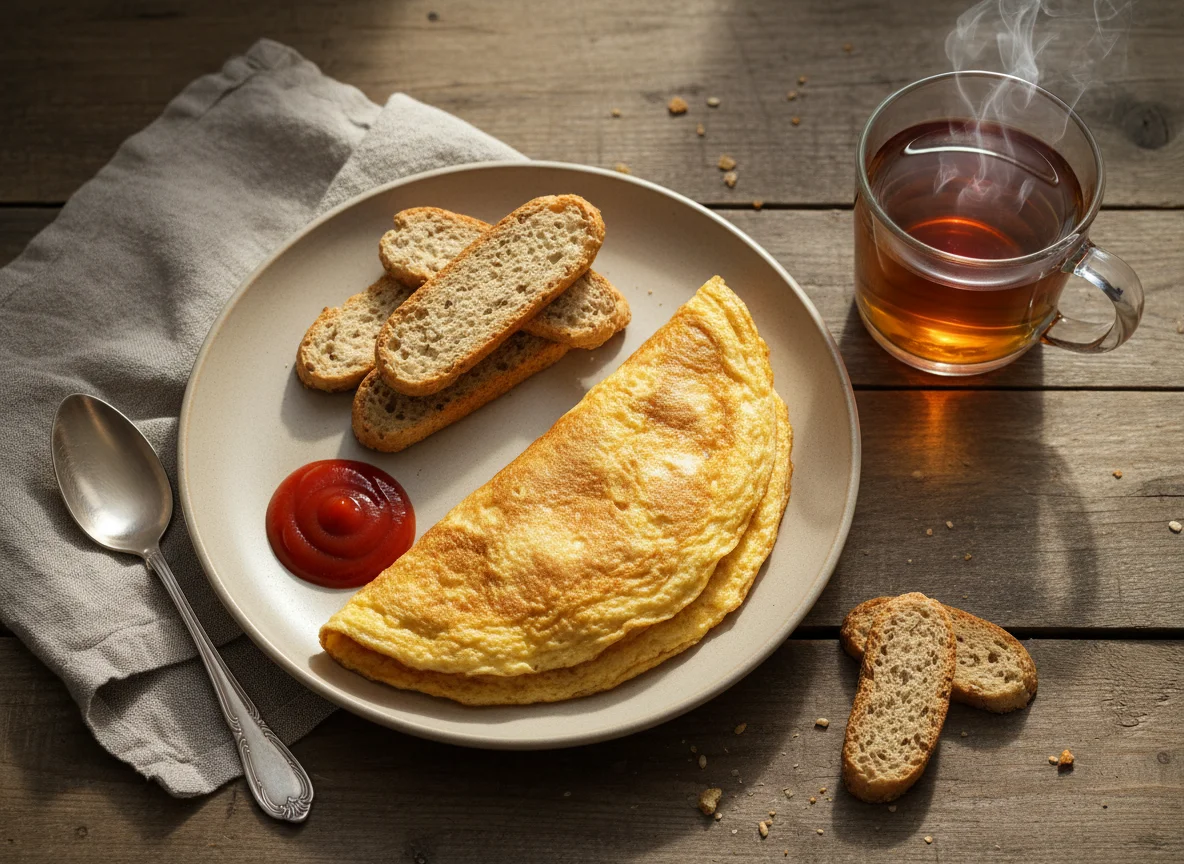 Завтрак с омлетом и хлебцами photo