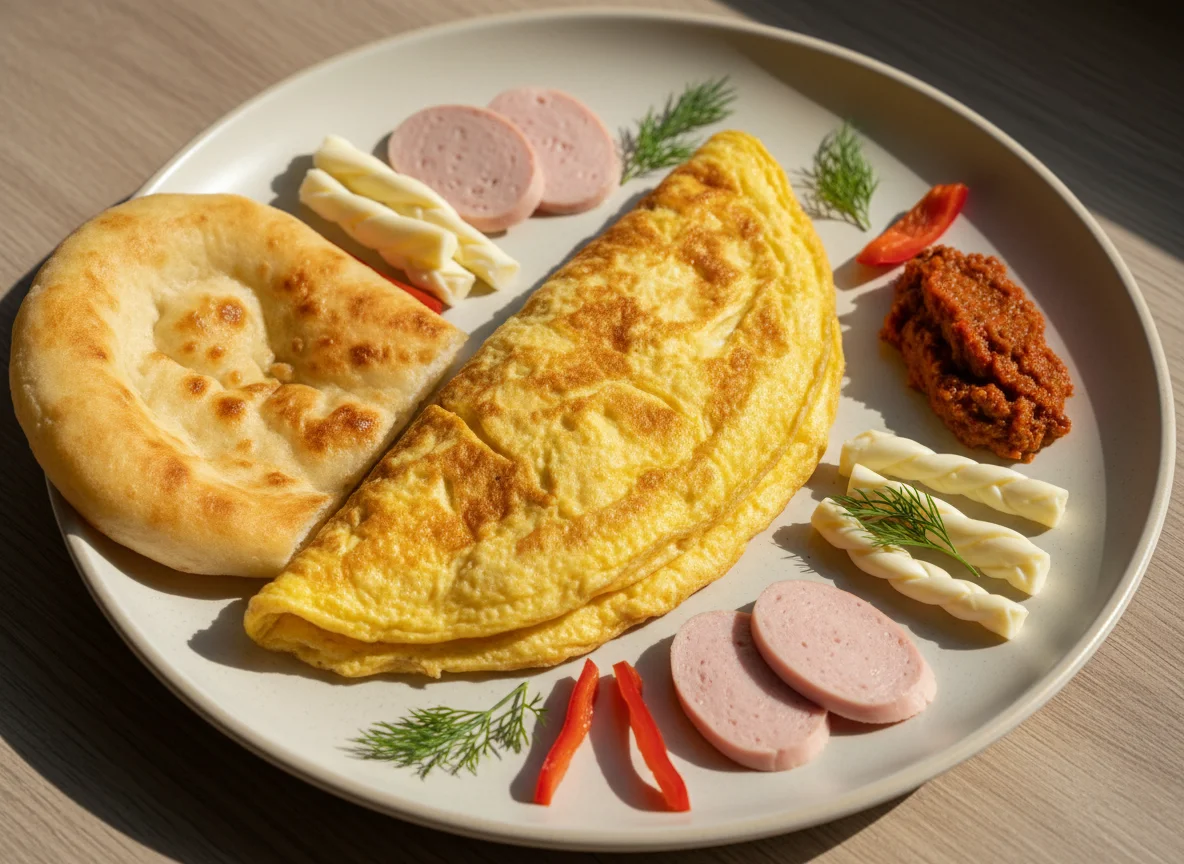 Завтрак с омлетом и хлебом photo