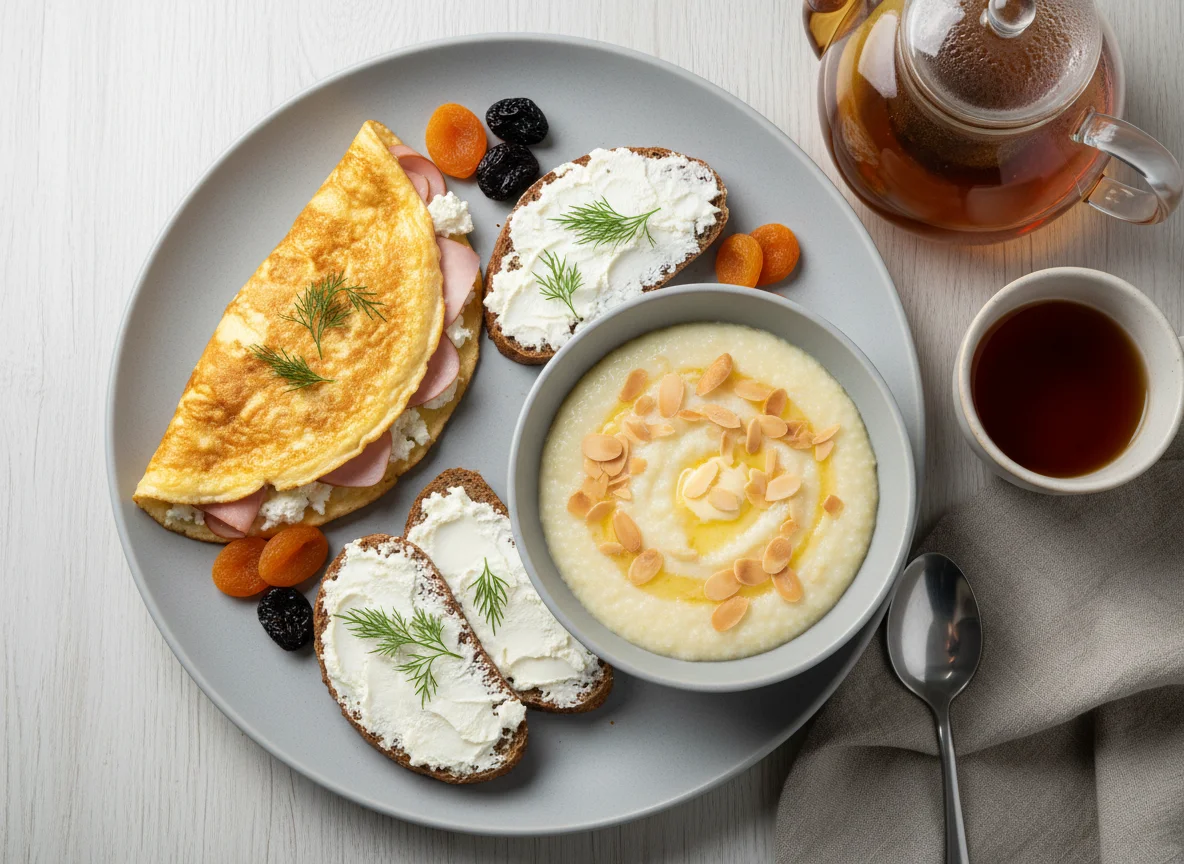 Завтрак с омлетом и кашей photo