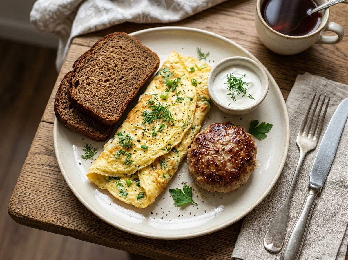 Завтрак с омлетом и котлетой photo