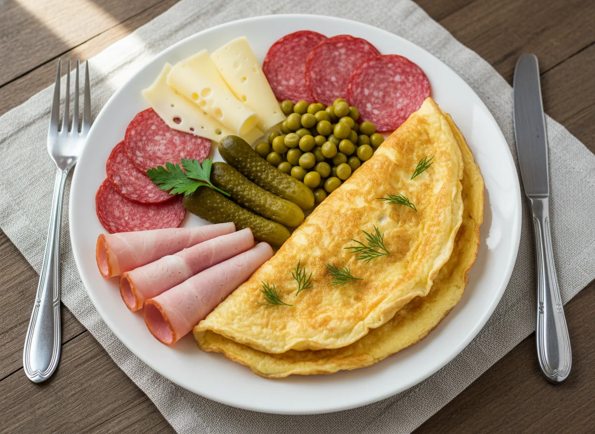 Завтрак с омлетом и мясной нарезкой photo