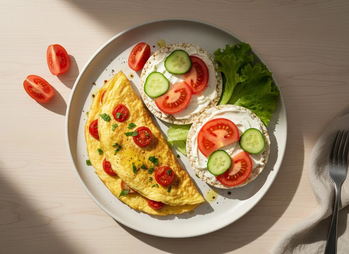 Завтрак с омлетом и рисовыми хлебцами photo