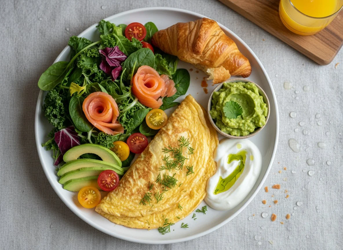 Завтрак с омлетом и салатом photo