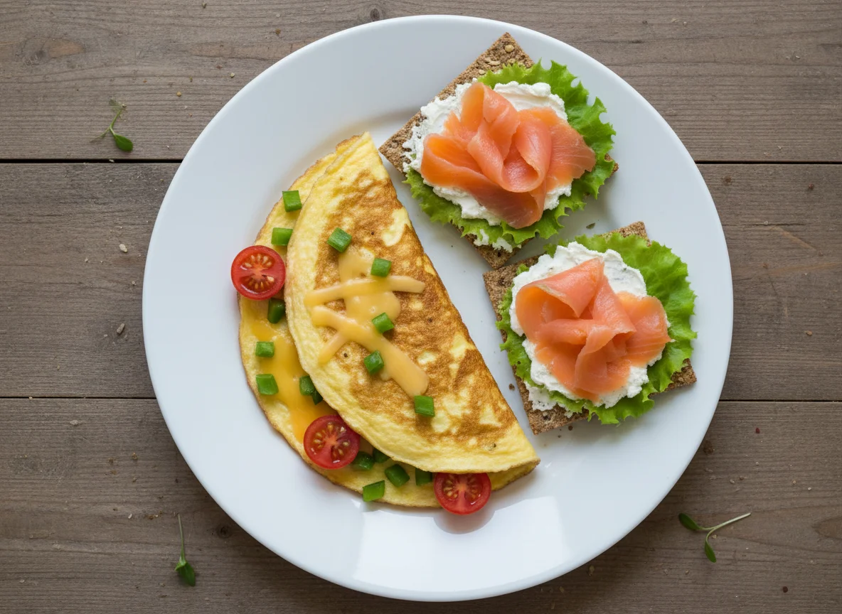 Завтрак с омлетом и сэндвичем с лососем photo