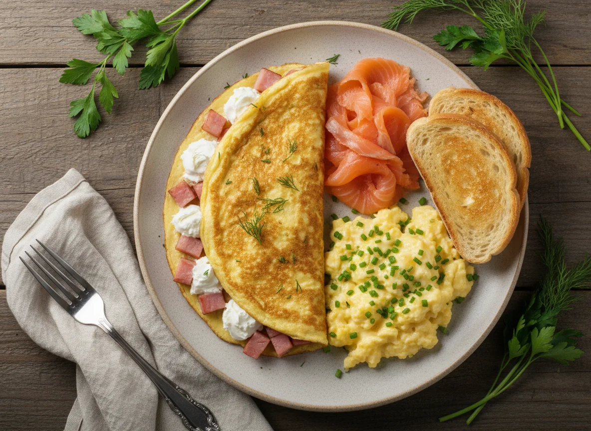 Завтрак с омлетом и скремблом photo