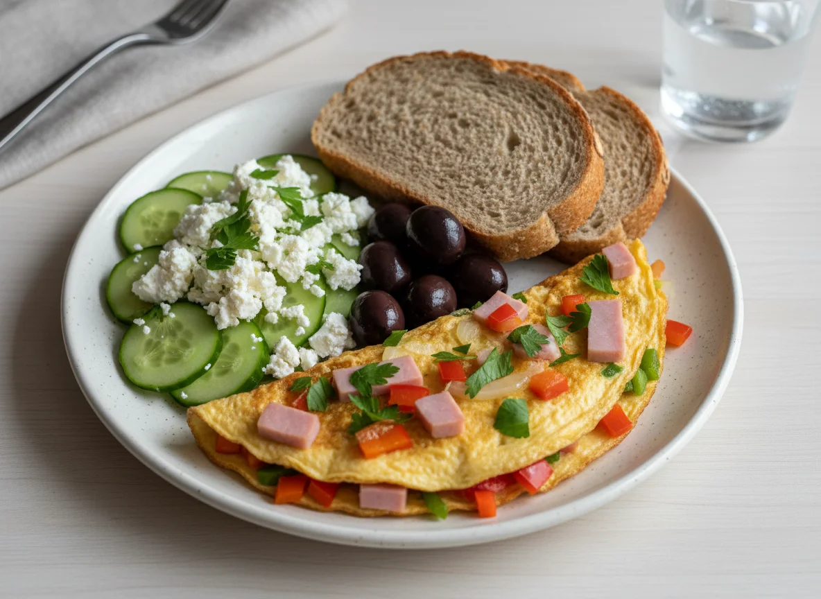 Завтрак с омлетом и сыром photo