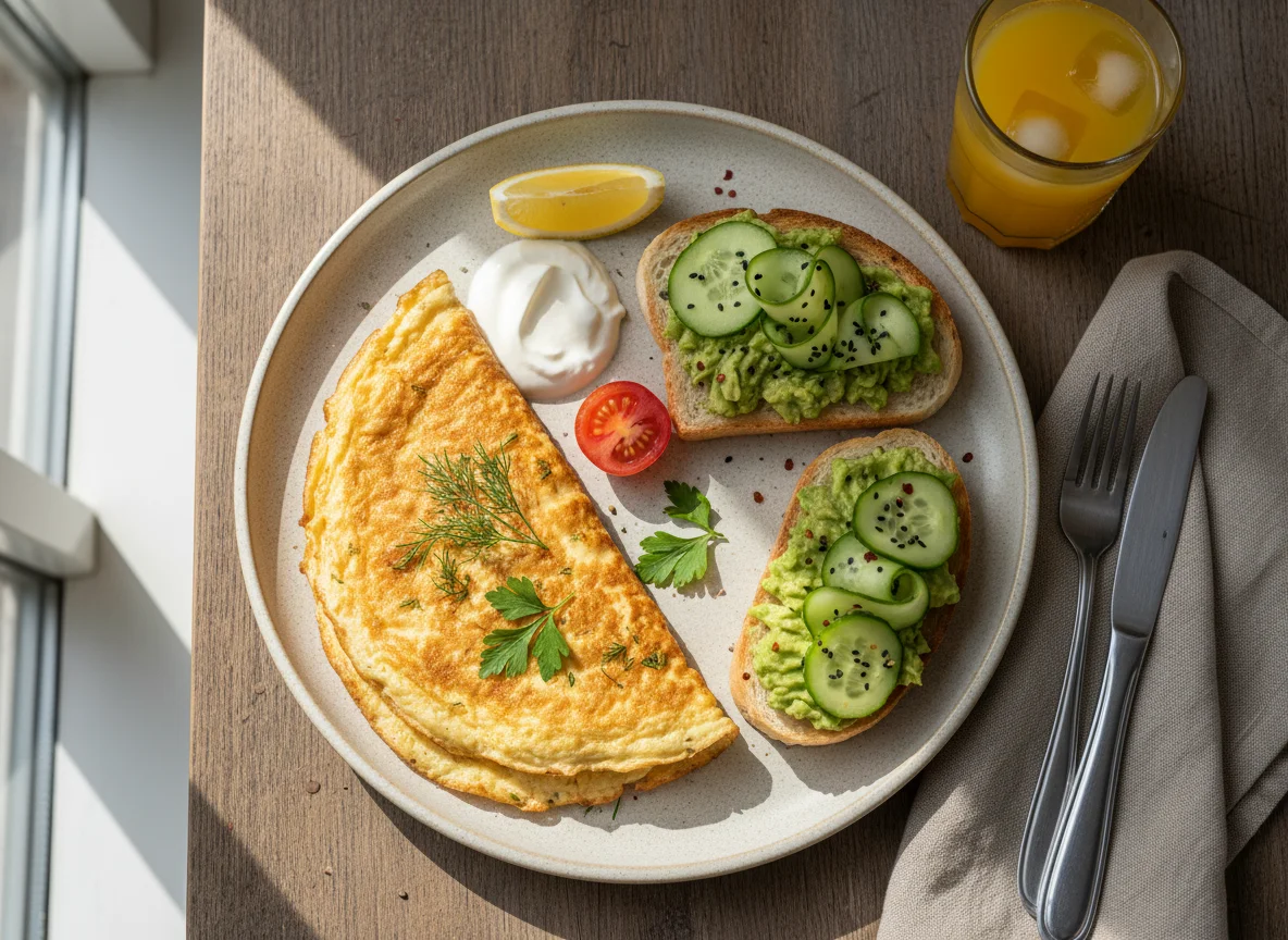 Завтрак с омлетом и тостом с авокадо photo